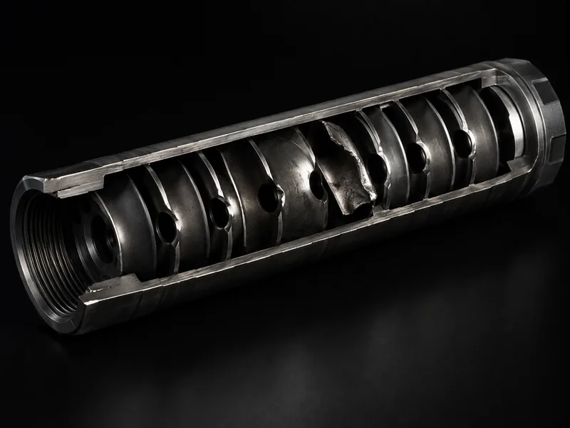 A sectioned suppressor showing its baffle stack