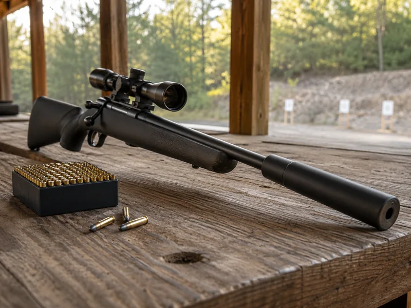 Suppressed .22 rifle on a shooting bench